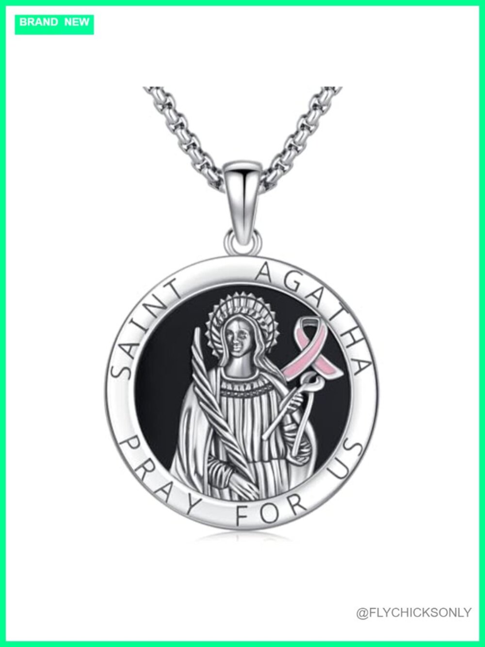 925 Sterling Silver Pink Ribbon Cancer Awareness St. Agatha Pendant Necklace